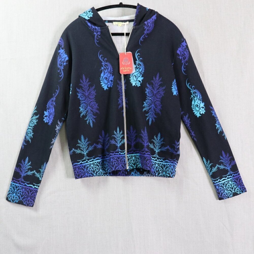 Pashma Arte Hoodie Women’s M Black Blue Cotton Fleece Hand Dyed Print NWT